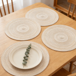 15 Inch Round Braided Placemats Set of 20 - Washable Heat Resistant Cotton Polyester, Canvas Beige