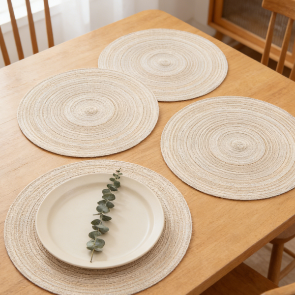 15 Inch Round Braided Placemats Set of 20 - Washable Heat Resistant Cotton Polyester, Canvas Beige