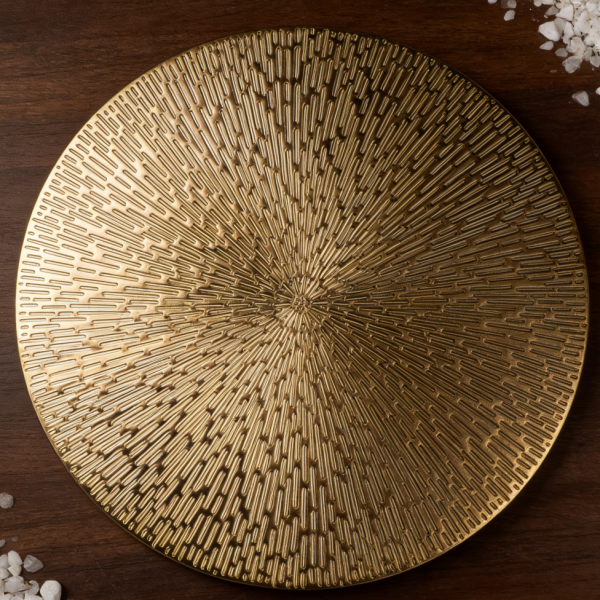 Round Gold Metallic Placemats Set of 10 - Vinyl Hollow, 15 inch, Washable Easy Clean Non-Slip Heat Resistant, Party Decor