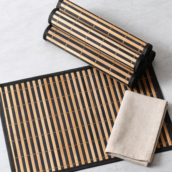 Bamboo Placemats Set of 20 with Leaf Pattern - 18x12 inch Woven, Washable Heat-Resistant, Black Leaf