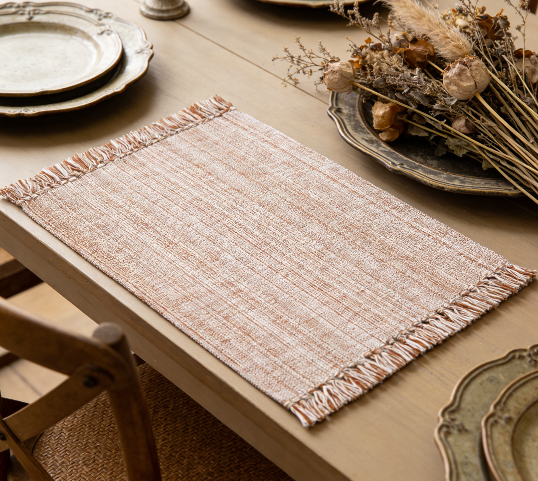 40 Chambray Placemats with Fringes Set of 13 - 100% Cotton, 13x19 inch, Thick Durable, Rust and H.White - Image 1