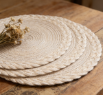 15 inch Round Placemats Set of 19 - Boho Woven Braided Border, Washable Heat Resistant, Beige - Image 2