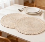 15 inch Round Placemats Set of 19 - Boho Woven Braided Border, Washable Heat Resistant, Beige