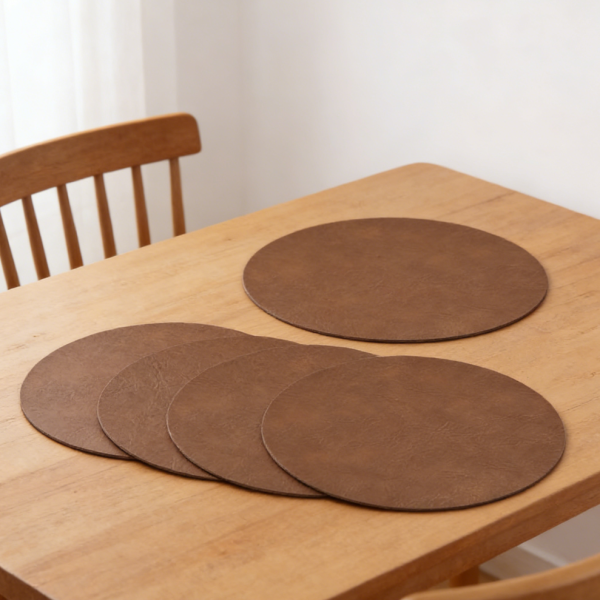 Brown Faux Leather Placemats Set of 20 - 15 Inch Waterproof Wipeable Heat Resistant Vinyl, Reversible